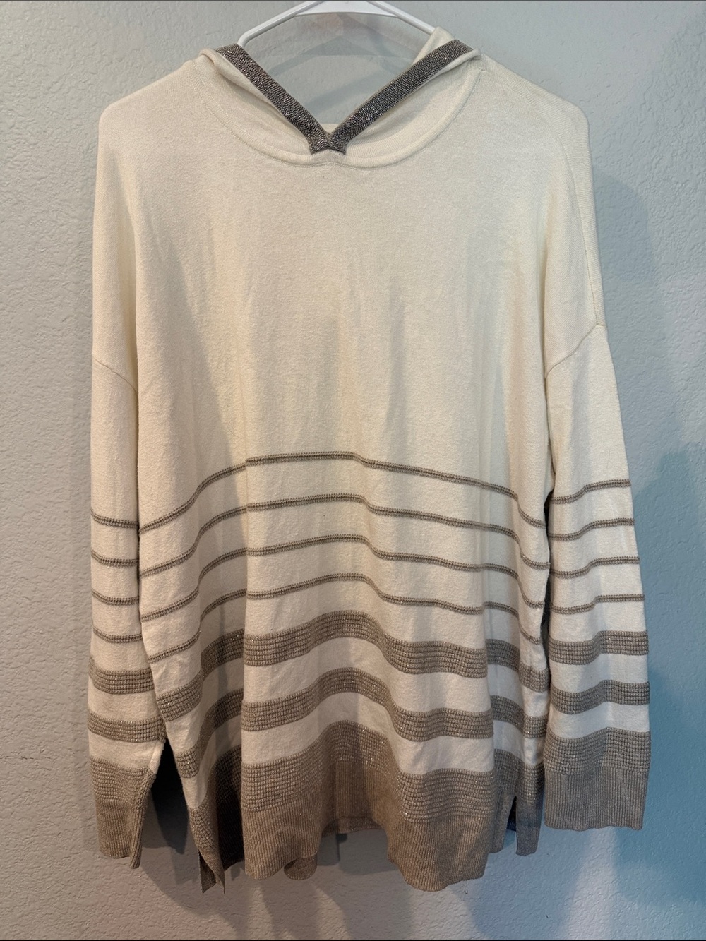 Chico's Cream and Taupe Striped Crewneck Sweater